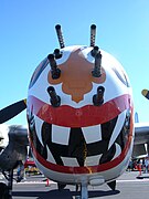 Close-up of B-25J "Sunday Punch" showing 8 nose mounted .50 Browning machine guns.