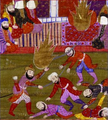 Detail from miniature painting The Prophet, Ali, and the Companions at the Massacre of the Prisoners of the Jewish Tribe of Beni Qurayzah, illustration of a 19th century text by Muhammad Rafi Bazil. Manuscript (17 folio 108b) now housed in the British Library. Note that the artist depicted both Muhammad (upper right) and Ali (center) as columns of golden flame rather than illustrate them directly.