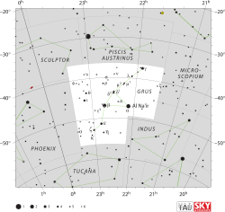 Diagram showing star positions and boundaries of the Grus constellation and its surroundings