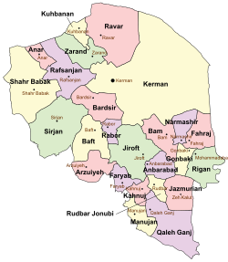 Location of Baft County in Kerman province (center left, yellow)