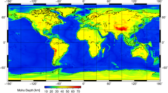 A world map of the Earth's crust thickness. It is lowest in deep oceans, higher on continental shelves and landmasses, and highest in highland regions such as the Tibetan Plateau.