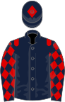 Dark blue, red epaulets, diamonds on sleeves, dark blue cap, red diamond