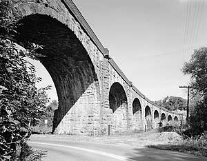 View of the east side of Thomas Viaduct crossing the Patapsco River, looking north