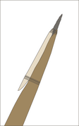 Diagram of a hypothetical reconstruction of a hafted Clovis weapon, including a Clovis point (gray), a beveled rod (cream), and a wooden shaft (brown)