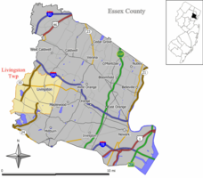 Map of Livingston Township in Essex County. Inset: Location of Essex County in the State of New Jersey.