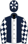 Dark blue, white stripe, diamonds on sleeves and cap