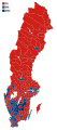 Votes by municipality. The municipalities are the color of the party that got the most votes within the coalition that won relative majority.