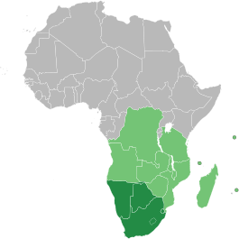 Map of Africa indicating SADC (light green) and SADC+SACU (dark green) members.