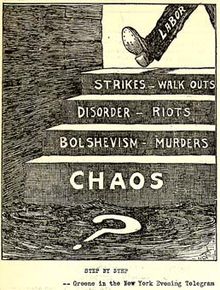 A political cartoon showing a person walking down steps from "strikes" to "chaos"