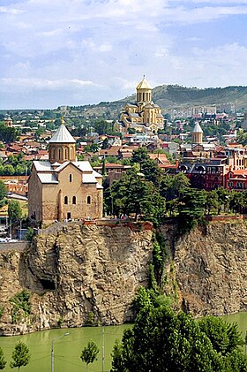 Tbilisi's historical center: Metekhi Church with Sameba Cathedral in the background