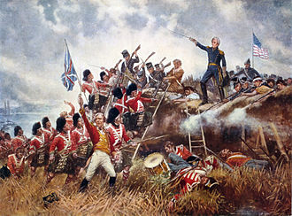 Blue U.S. soldiers stand behind an earthen wall as red-coated British soldiers charge. Jackson stands atop the parapet with his right hand outstretched and holding a sword.