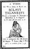 An 1852 Wallachian poster advertising an auction of Romani slaves in Bucharest.