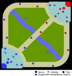 Imagen del mapa de la Grieta del Invocador en la que se pueden distinguir las calles: top, mid bot y jungla, y que son atravesadas por un río. En la esquina inferior derecha se puede ver la base del equipo azul y en el lado contrario la base del equipo rojo.