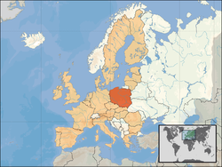 Location of Poland (orange) – in Europe (tan & white) – in the European Union (tan)  [Legend]