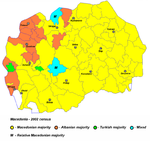 A map of Macedonia showing the most prominent ethnicity by municipality. Municipalities in the northwest frequently have Albanian majorities, and a couple with Turkish majorities. Almost all of the rest have Macedonian majorities