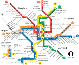 The published system map has every line drawn in its own distinct color. All stations are marked and labeled by name. The map is drawn for clarity and simplicity, not to scale by actual distances and exact relative station locations. There are transfer stations marked where lines cross each other.