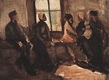 A very brown study of a group of people sitting in a room on a bench in front of a window. It is pretty dark.