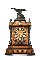 A neo-Baroque spring driven, mantel clock, attributed to Johann Baptist Beha, c. 1885. Original door missing (Deutsches Uhrenmuseum, Inv. 15–3833)