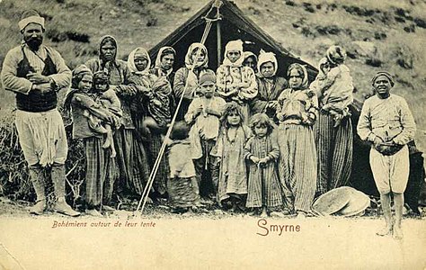 Postcard of group of Romani in front of their tent in Smyrne (today the city of Izmir) in 1903.