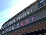 The side of the facility with the words Milwaukee County Stadium