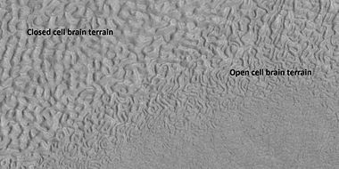 Open and closed brain terrain with labels, as seen by HiRISE under HiWish program. Location is Ismenius Lacus quadrangle.