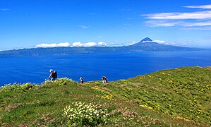 Mount Pico in the distance, the highest peak in all of Portugal, on the volcanic Pico Island.