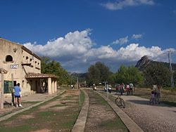 Bot's abandoned railway station with the Muntanya de Sant Josep in the background