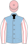 Light blue, white and pink striped sleeves, pink cap