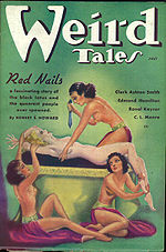 Magazine cover showing a naked woman held on an altar by other woman and about to be sacrificed.