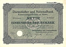 Darmstädter und Nationalbank KGaA (DANAT-Bank) stock certificate for 100 Reichsmark, issued in October 1928 in Berlin