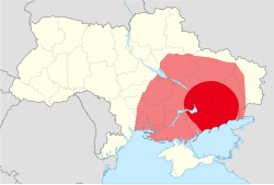 Location of the core of Makhnovia (red) and other areas controlled by the Black Army (pink) in present-day Ukraine (tan)