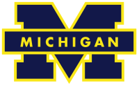 A blue block M with maize-colored borders and the word Michigan across the middle