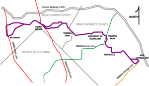 A scaled map illustrating the Purple Line route and its intersections with existing subway lines.