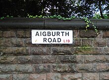 Aigburth Road sign, Holmfield.jpg