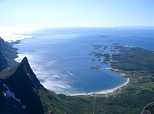 Vestfjord seen from a mountain in Steigen Municipality, with the southern part of the Lofoten wall visible on the right