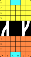 6×4 player areas, two "Y" bridges. A player entering the left bridge at B5 may move to either A4 or B4.