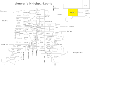 Map of Denver’s neighborhoods, Montbello is highlighted in yellow.