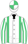 White, emerald green braces, striped sleeves, quartered cap