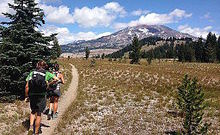 Two hikers with backpacks walk along a trail in the Three Sisters Wilderness, surrounded by trees with the Three Sisters visible in the background.