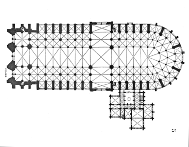 Plan of the cathedral made by Viollet-le-Duc in the 19th century. Portals and nave to the left, a choir in the center, and apse and ambulatory to the right. The annex to the south is the sacristy.