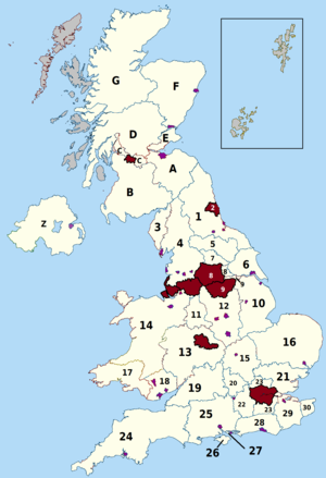 Map of the major bus companies in the United Kingdom in 1969, overlaid with municipal and PTE bus authorities. Legend to the left