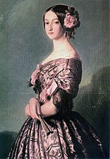 Francisca of Brazil, Princess of Joinville, wearing a pink gown decorated with pink roses, 1850s. Painting by Franz Xaver Winterhalter.