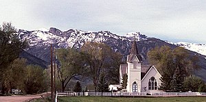 Lamoille Presbyterian Church with the Ruby Mountains in the background