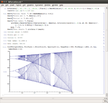 A computer display showing in the upper half programming source code, and in the lower half a graph of four branching bifurcating chaotic functions