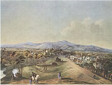 Painting of a town near a river with woodlands and hills in the background