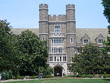 Gothic-style four-story exterior of a building with castle-like turrets