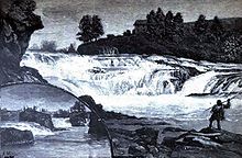 Lithograph depicting the Spokane falls in 1888