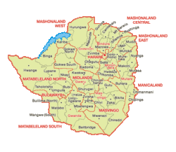 Map of Zimbabwe: Matabeleland is on the west