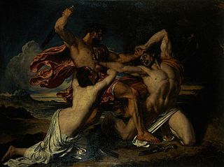 Semi-nude man prepares to stab a naked man, while a semi-nude woman clutches his waist