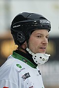 Magnus Muhrén wearing a bandy helmet